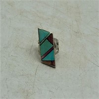 FRANK YAZZIE STERLING SILVER TURQUOISE INLAY RING