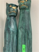 2PC LARGE WOOD MID CENTURY CARVED CAT SCULPTURES
