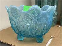 BLUE ART GLASS FOOTED BOWL NORTHWOOD PEARL FLOWERS