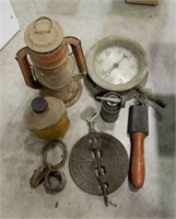 Antique lantern, gauge, misc parts