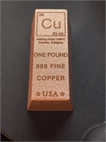 ( 1 ) One Pound Copper Cu 63.55 .999 Fine Bar