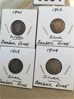 Lot of 4 Silver Barber Dimes - coins