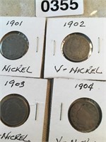 Lot of 4 V nickel coins