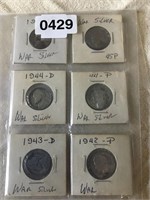 6 World War II silver Jefferson nickel coins