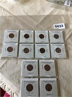 12 Lincoln one cent penny coins.  SEE DESCRIPTION