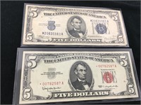 Blue and Red Stamp US $5 Bills 1934 & 1963