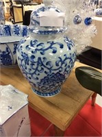 Medium blue flowered and white ginger jar