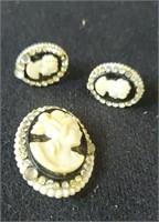 Vintage cameo pin and clip on earrings