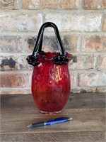 Vintage Red Vase W/Black Handles