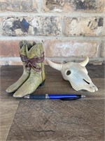 Cowboy Boots & Skull Figruines