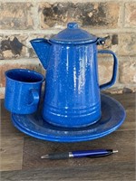 Old Blue Enamelware Coffee Plates & Cup