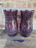 Pair Large Red Crackle Glass Vases