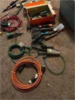 Tub of cords, gardening tools, all pictured