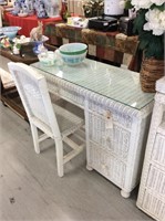 White wicker desk and chair glass top