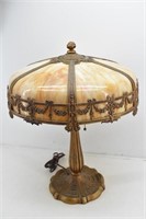 Art Nouveau Metal Table Lamp w Slag Glass Shade