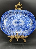 Oval Shaped Decorative Flow Blue Platter