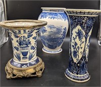 Trio of Blue & White Vases