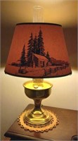 Brass electrified oil lamp with paper shade
