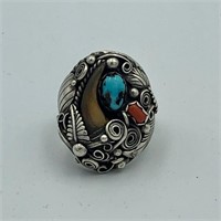 STERLING SILVER TURQUOISE CORAL RING SIZE 12.25