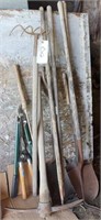 Long handle tools: 2 spades, hook fork,