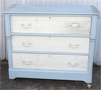 Antique 3 drawer dresser base painted white & blue