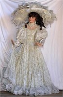 Bride doll with beaded dress and hat, 42"h