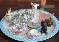 Tray lot- miniature tea set, figurines