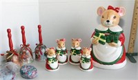 Tray lot-Christmas items, hurricane shaded candles