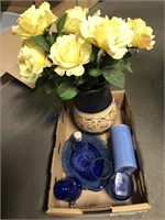 BLUE GLASS, YELLOW FLOWERS IN VASE
