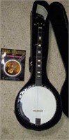 Iida 5-string banjo with a case
