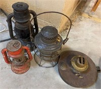 3 Old Lanterns & Oil Lamp Base