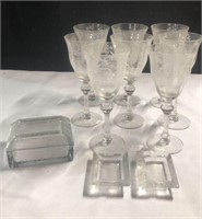 Etched Wine Glasses, Ashtrays, Box

1 glass has