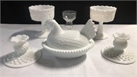 Milk Glass- candle holders, Chicken, candy dishes