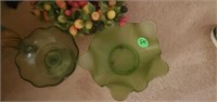 VINTAGE FRUIT BOWL AND GREEN GLASS BOWLS