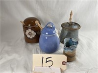 Collection of 3 Honey Pots and Creamer Pottery