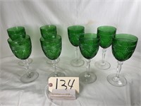 8 vintage green cut glass goblets