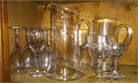 Cut glass pitcher and six stems and others