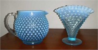 Opalescent Hobnail fan vase and pitcher