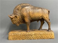 Wooden Carved Woodland Buffalo Sculpture
