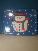 Resin snowman platter with blue background 16 in