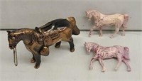 Brass Horse Bank & 2 Painted Plastic Horses