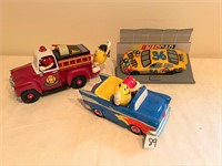 M&M race car, fire truck, hot rod