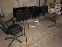 Wood table, (6) computer monitors, & chair - No