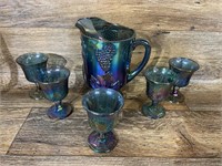 Blue Carnival Glass Pitcher & 5 Goblets