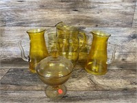 Vintage Amber Glass Covered Compote & Pitchers