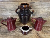 Pair of Teapots & Brown Drip Urn & Creamer