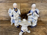 Blue & White Porcelain Couple w/Tea Table Set