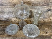 Glass Covered Candy/Compote Dishes & Vase