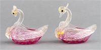 Venetian Glass Swan Salt Cellars with Spoons