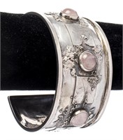 Silver & Rose Quartz Ornate Wide Cuff Bracelet